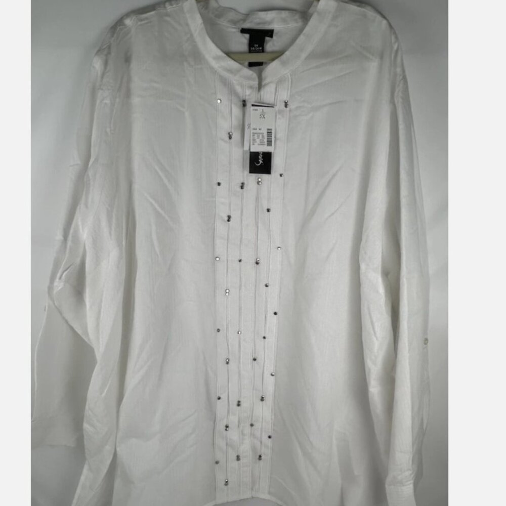 NWT Maggie Barnes White Studded Button Up Top Plus 5X Roll Tab Lightweight